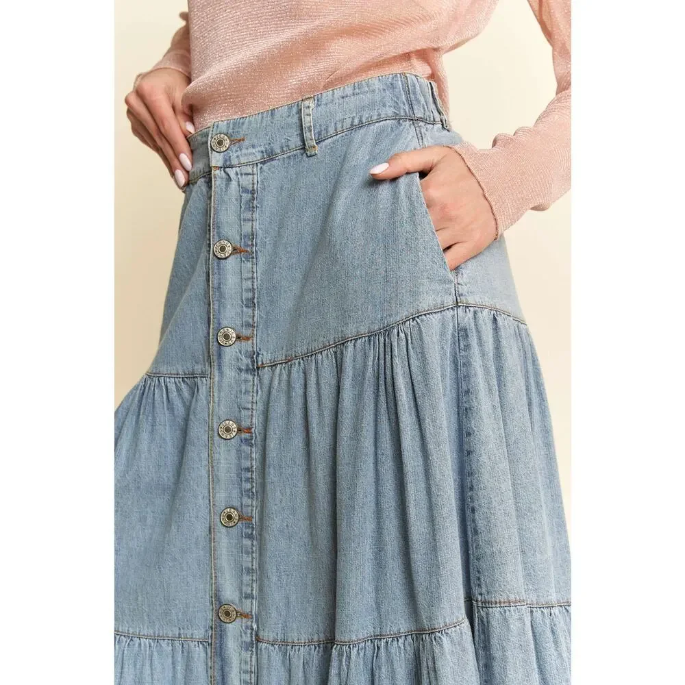 Denim Button-Front Ruffle Hem Maxi Skirt - Picture 6 of 9